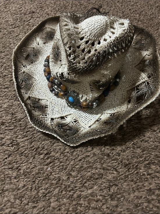 J Hats Accessories - Woven Straw Cowgirl Hat with Turquoise Bead Band - Cream & Brown